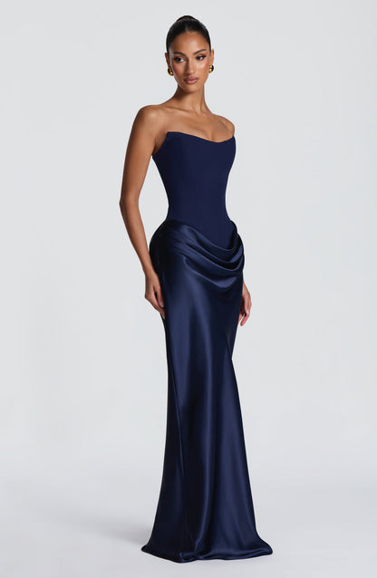 Women's wedding guest cowl strapless maxi dress in navy, front view