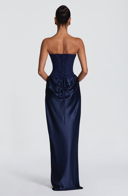 Women's wedding guest cowl strapless maxi dress in navy, back view