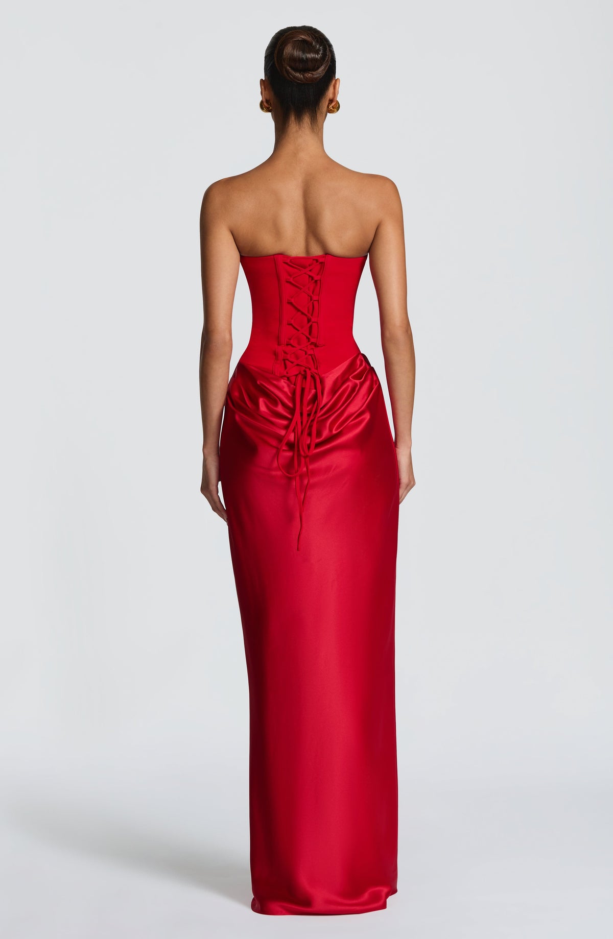 Women's wedding guest cowl strapless maxi dress in red, back view