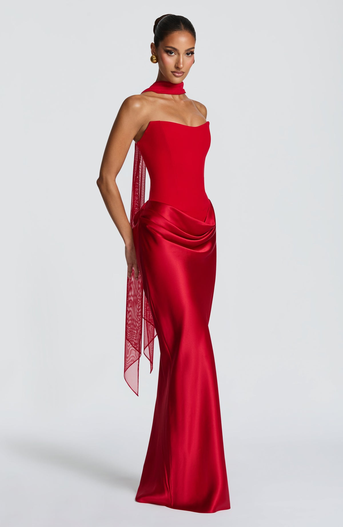 Women's wedding guest cowl strapless maxi dress in red, side view