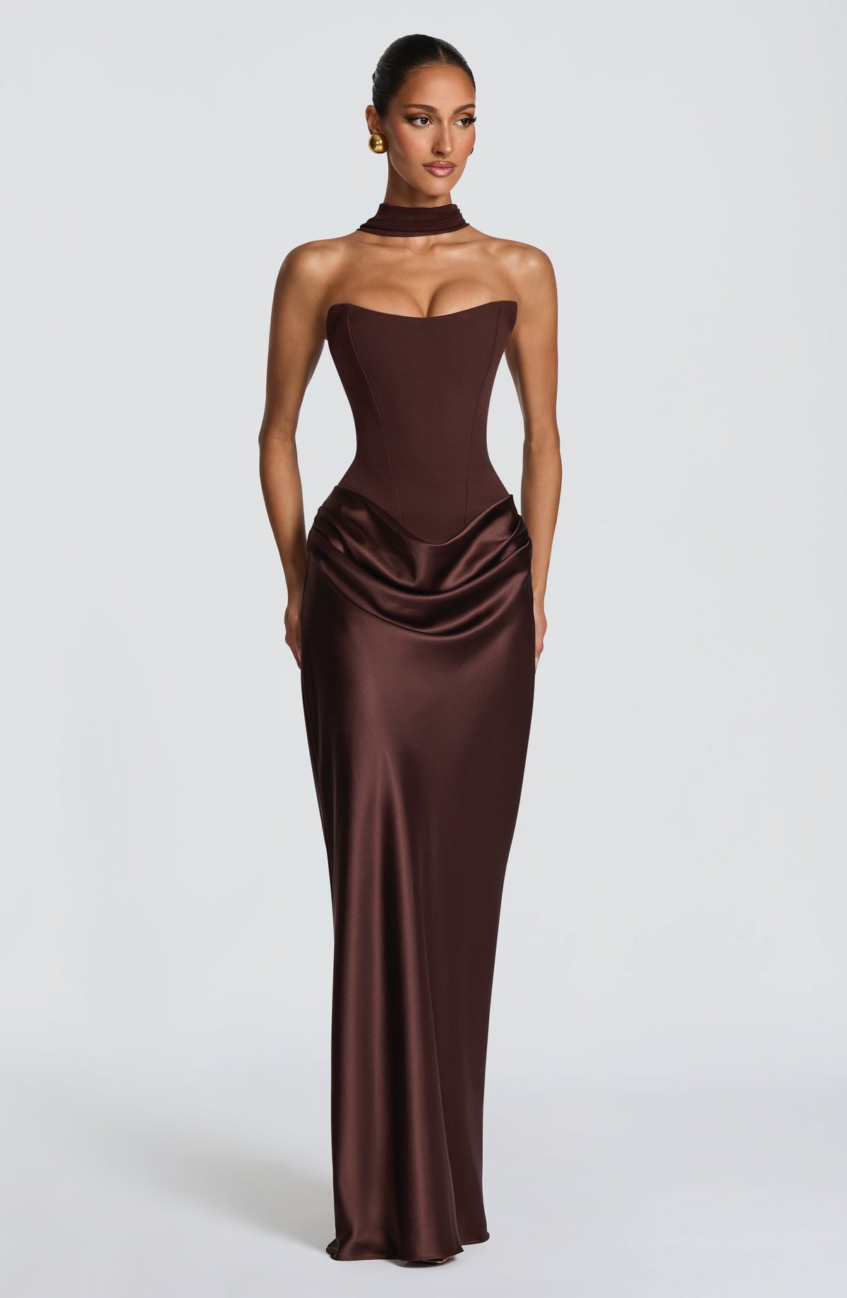Women's wedding guest cowl strapless maxi dress in purple, side view