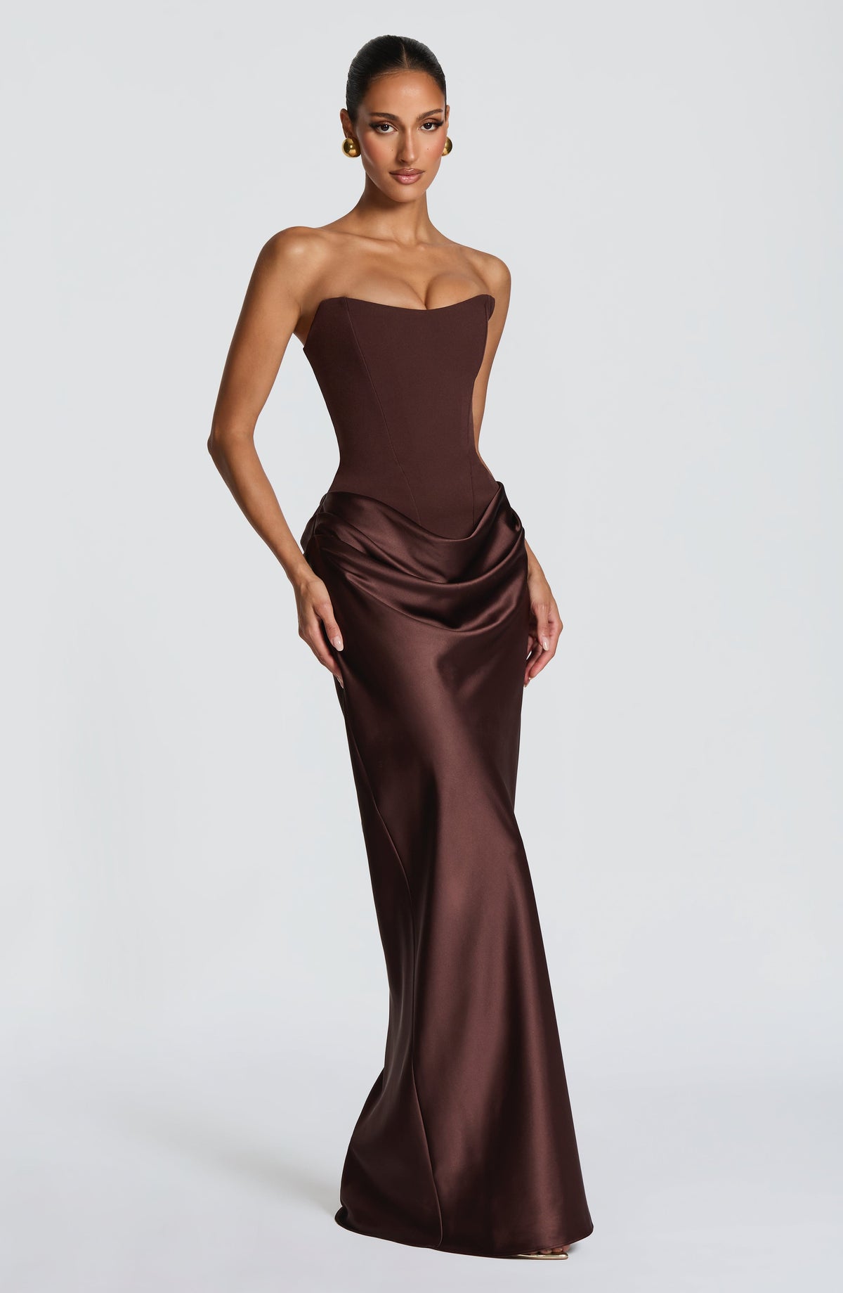 Women's wedding guest cowl strapless maxi dress in purple, front view