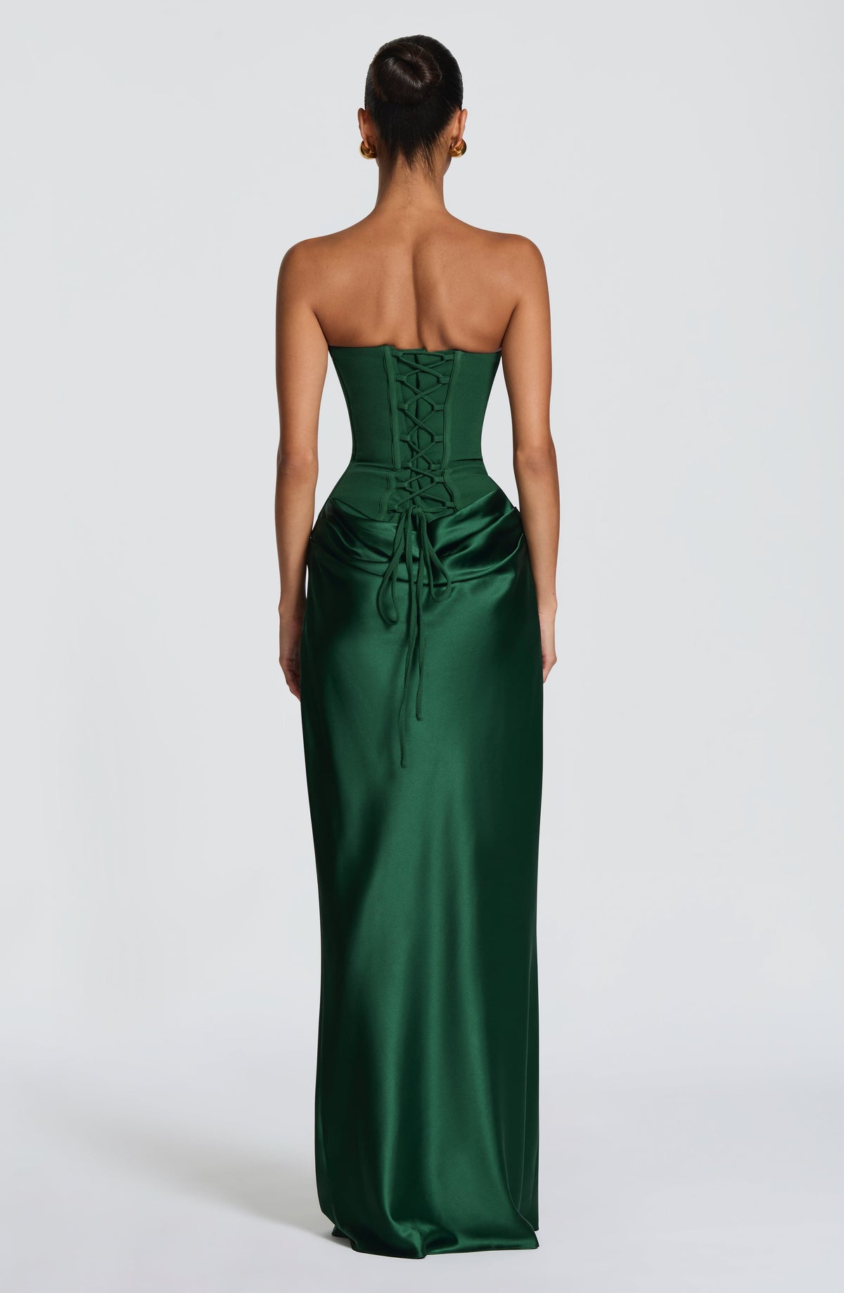 Women's wedding guest cowl strapless maxi dress in green, front view