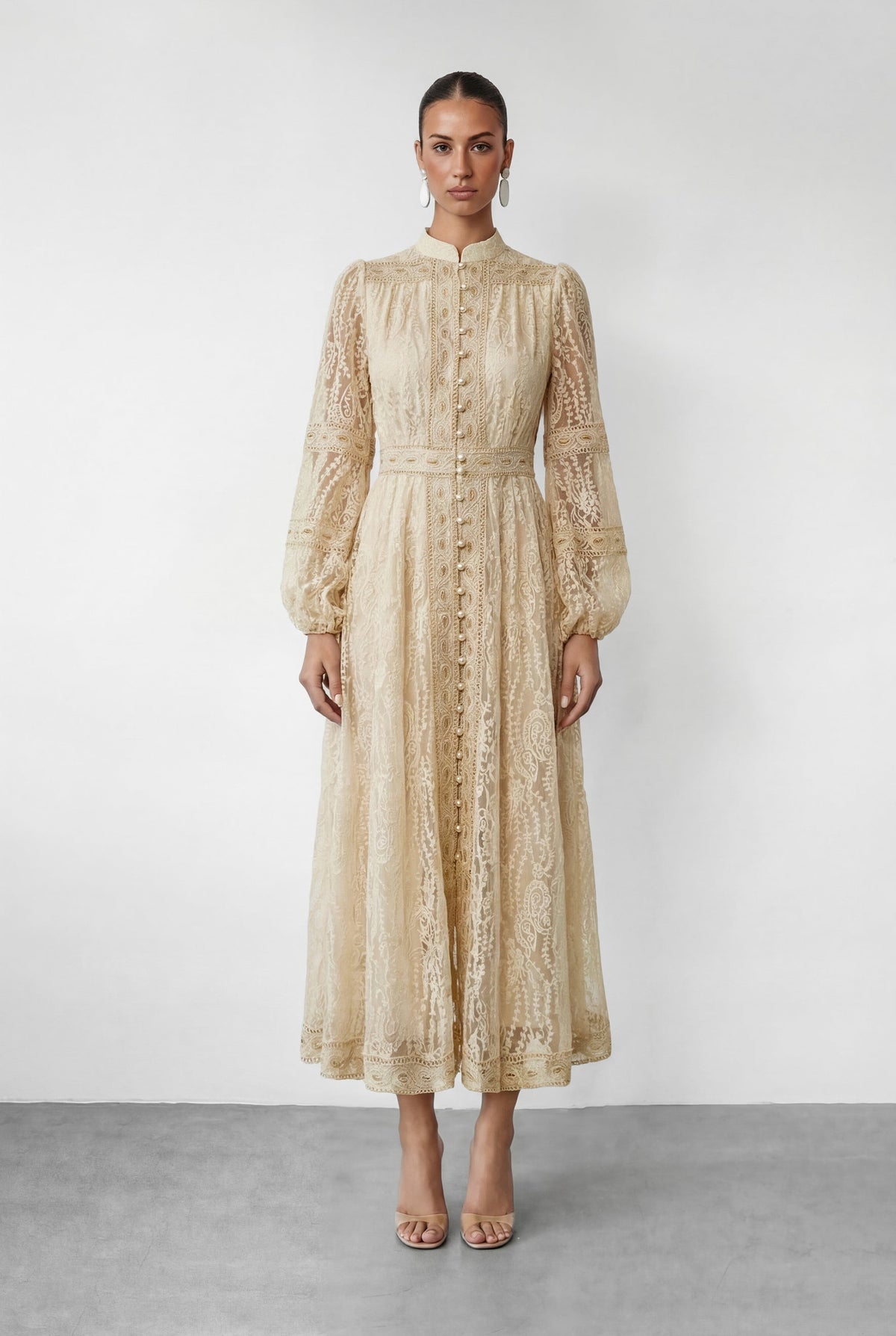 Women's wedding guest puff sleeve button maxi dress in beige, front view