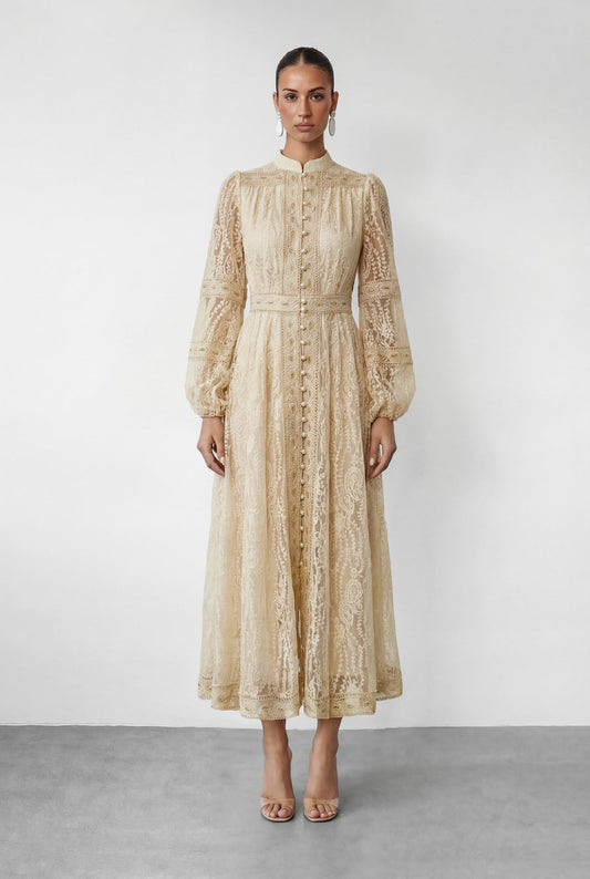 Women's wedding guest puff sleeve button maxi dress in beige, front view