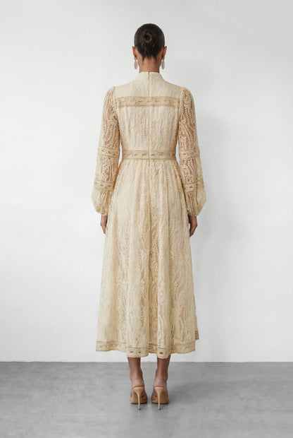 Women's wedding guest puff sleeve button maxi dress in beige, detail close-up alternate