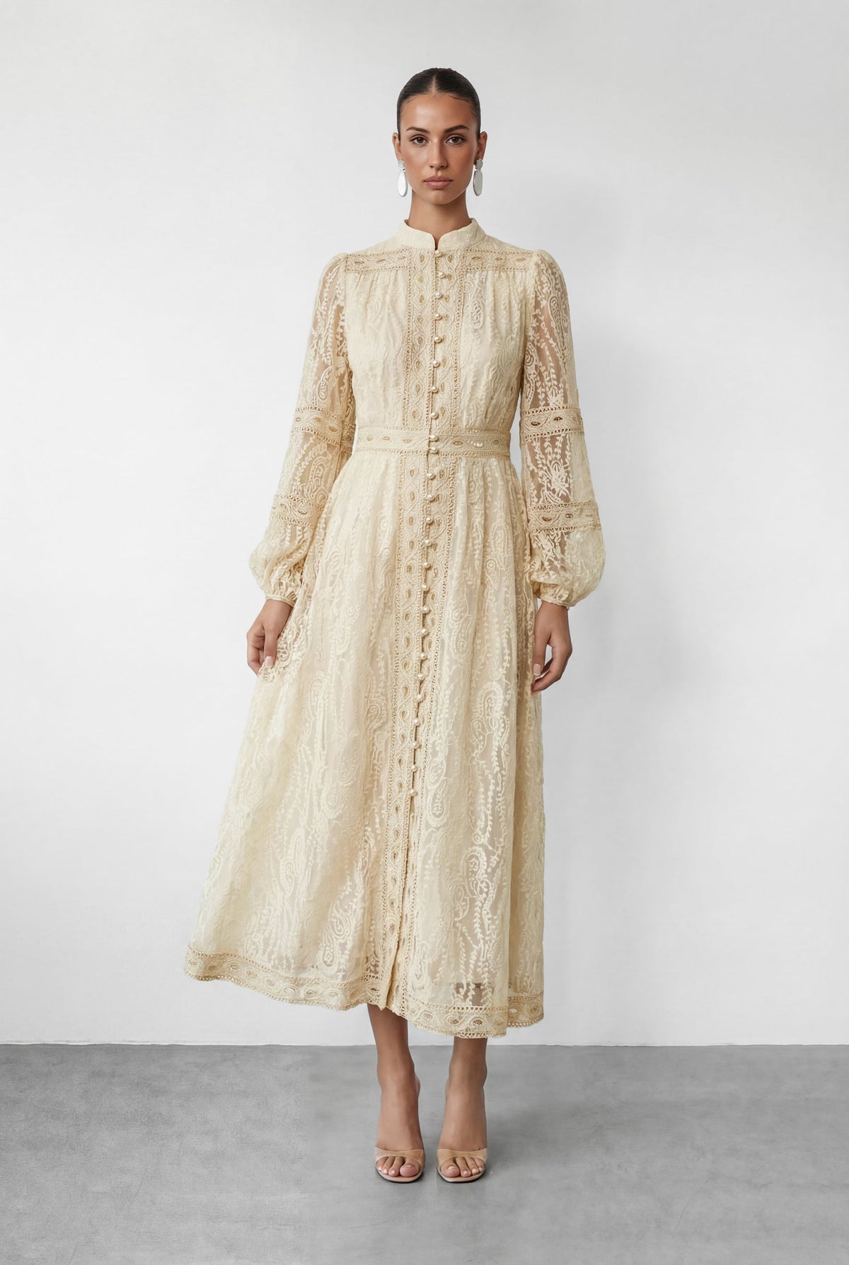 Women's wedding guest puff sleeve button maxi dress in beige, back view alternate