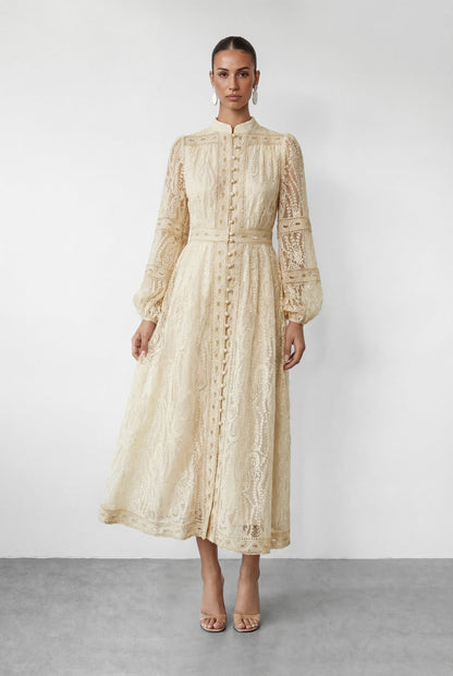 Women's wedding guest puff sleeve button maxi dress in beige, back view alternate