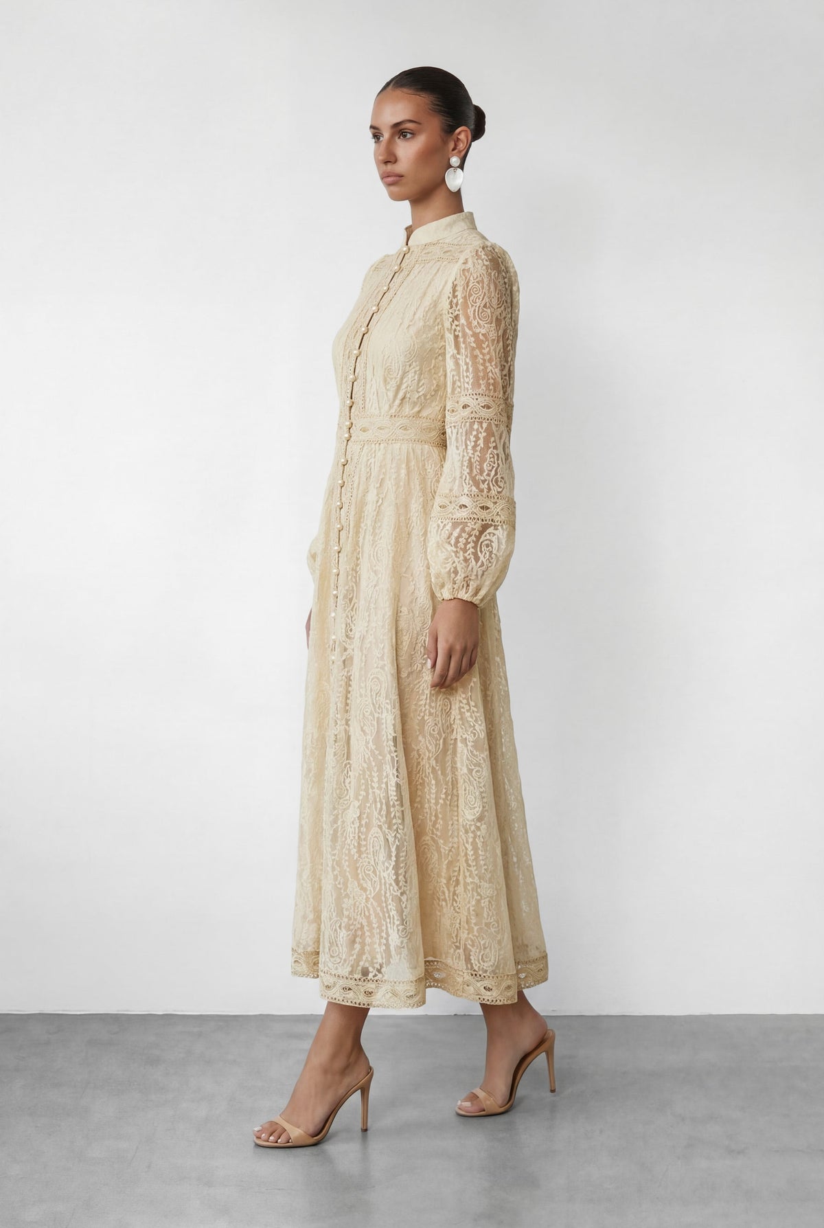 Women's wedding guest puff sleeve button maxi dress in beige, side view alternate
