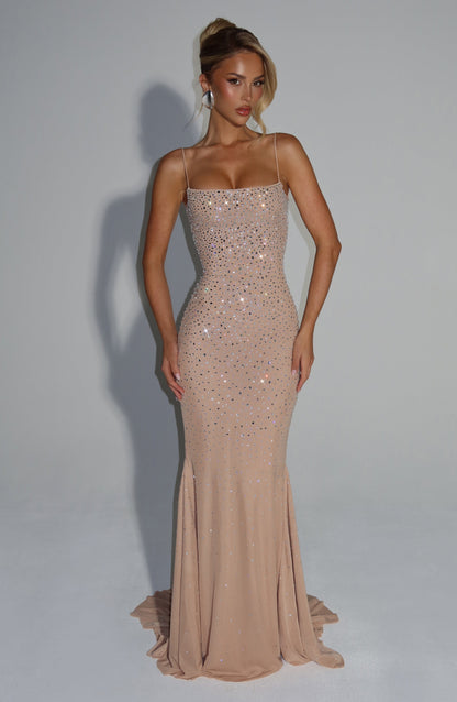 Women's wedding guest ruched maxi dress in nude, front view