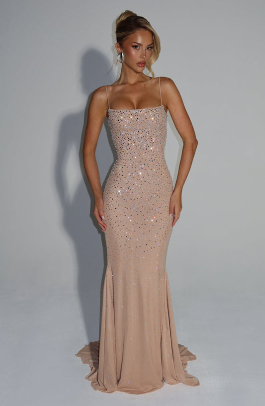 Women's wedding guest ruched maxi dress in nude, front view
