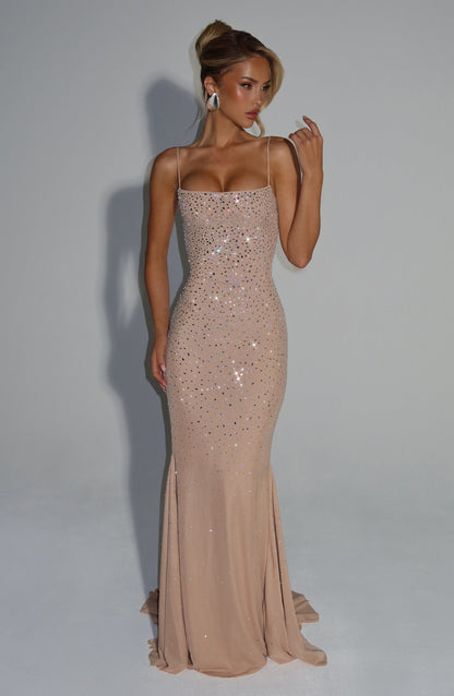 Women's wedding guest ruched maxi dress in nude, back view