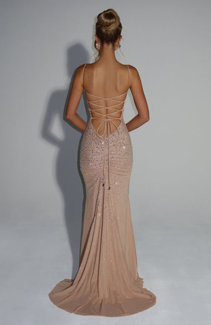 Women's wedding guest ruched maxi dress in nude, side view