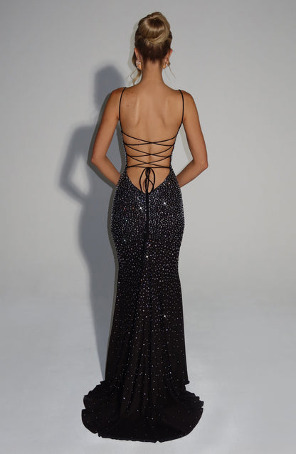 Women's wedding guest ruched maxi dress in black, front view