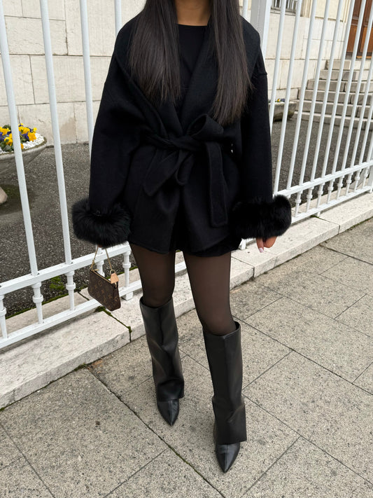 Women's wrap long sleeve coat in black, front view