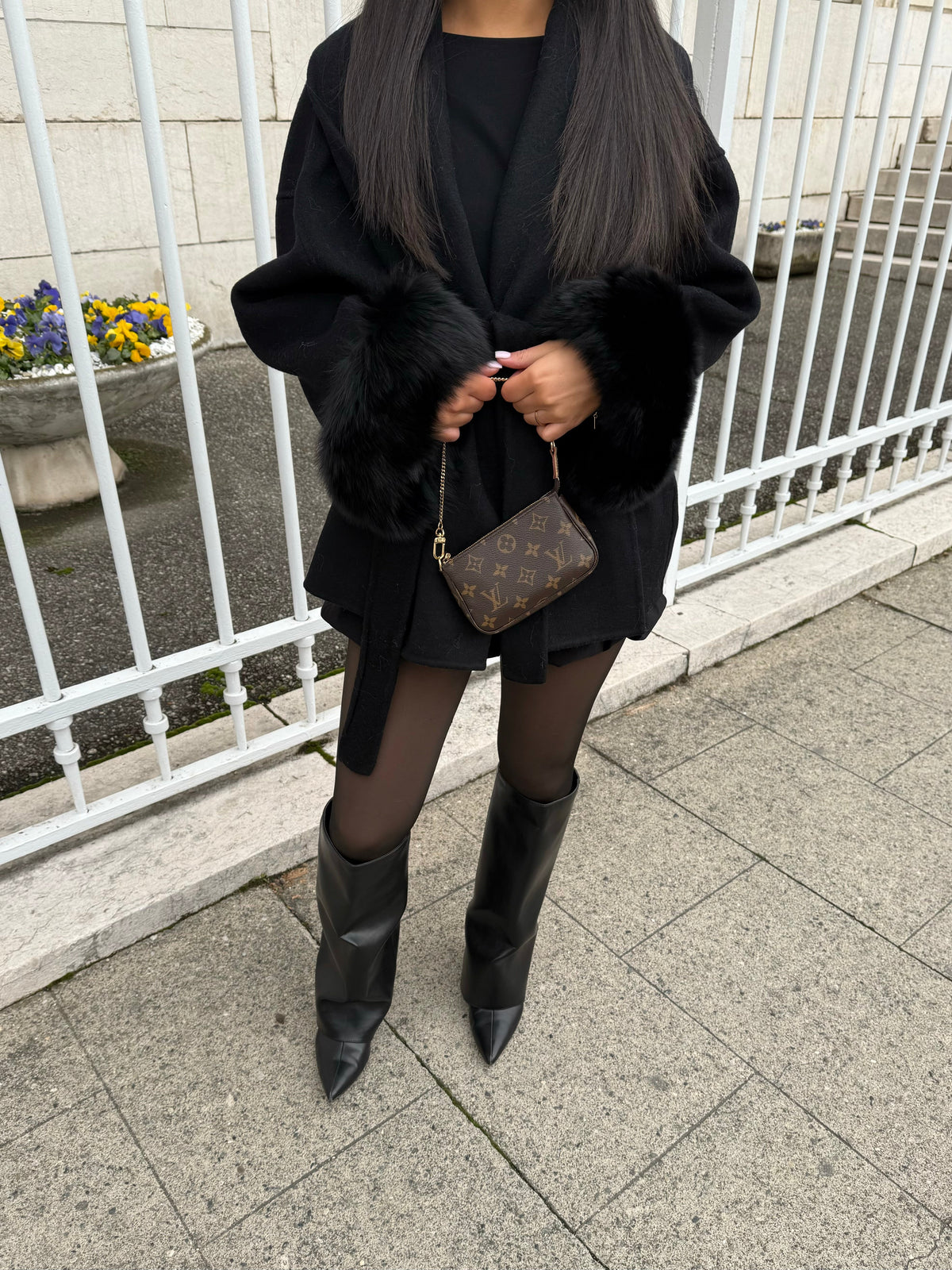 Women's wrap long sleeve coat in black, detail view