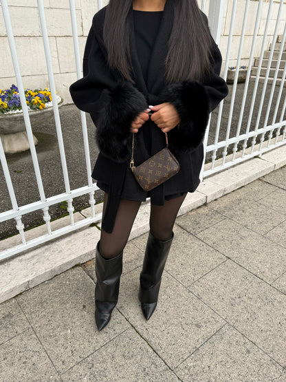Women's wrap long sleeve coat in black, detail view