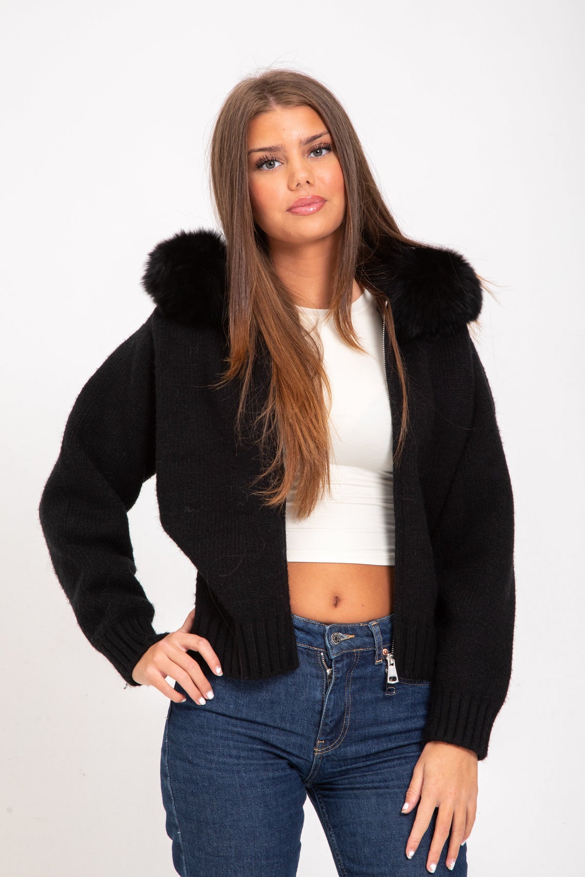 Women's zipped faux fur jacket, full length view
