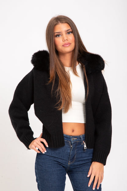 Women's zipped faux fur jacket, full length view