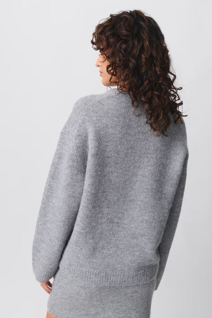 Women's crew neck two piece set in grey, back view