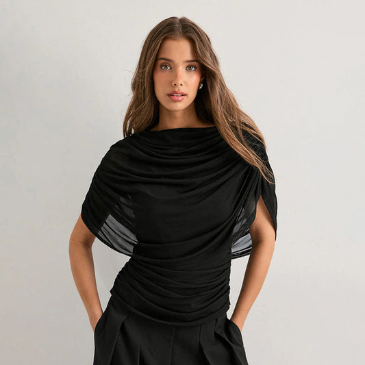 Women's draped cowl neck top in black, front view