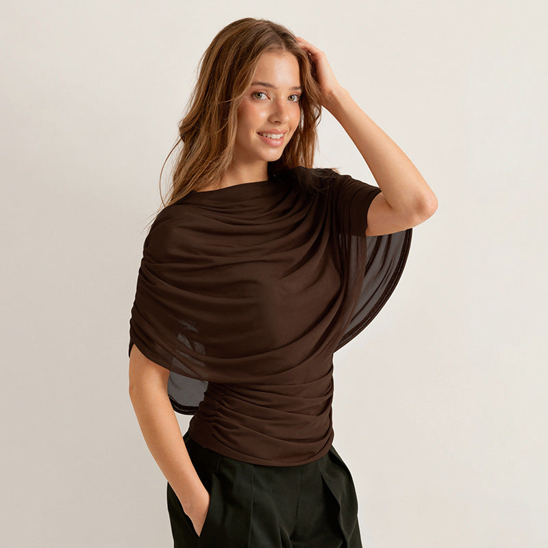 Women's draped cowl neck top in brown, front view
