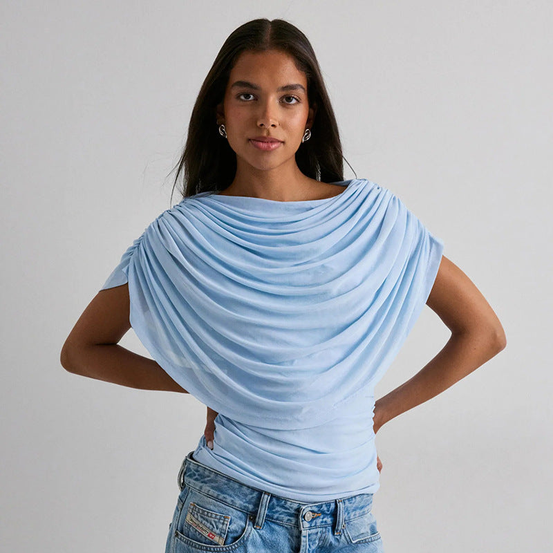 Women's draped cowl neck top in blue, front view