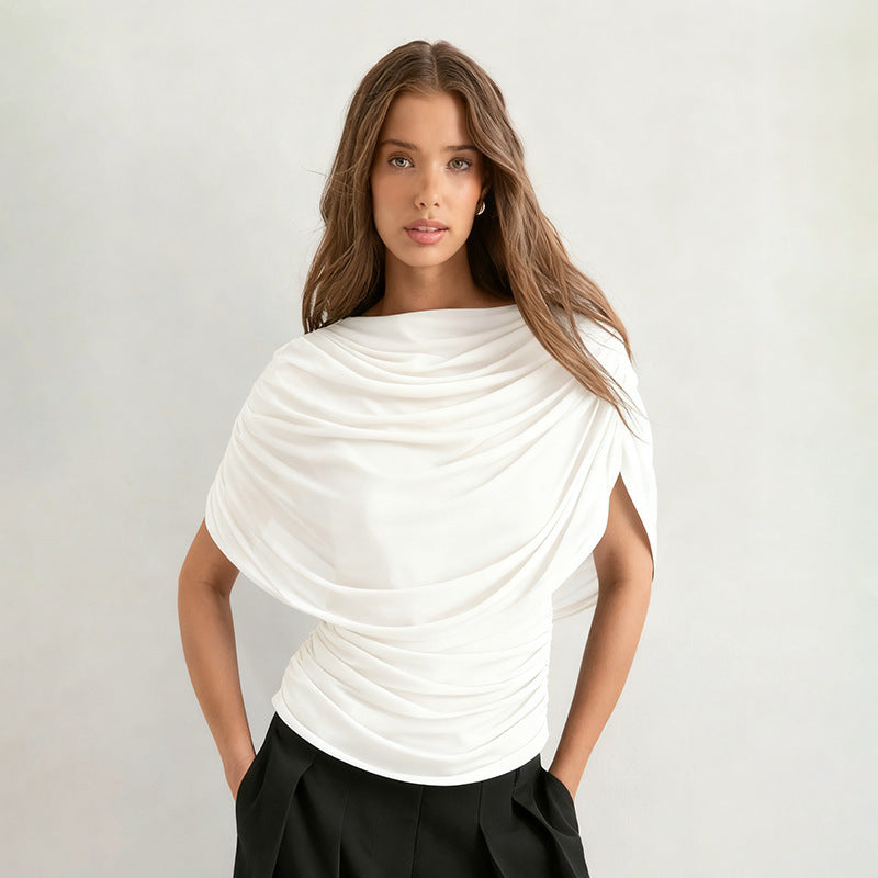 Women's draped cowl neck top in white, front view