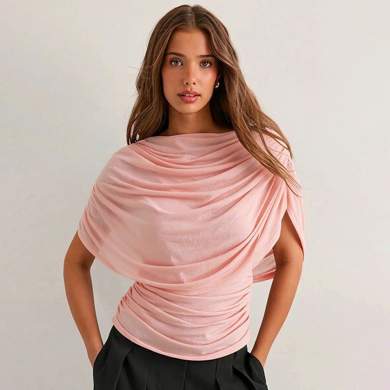 Women's draped cowl neck top in light pink, front view