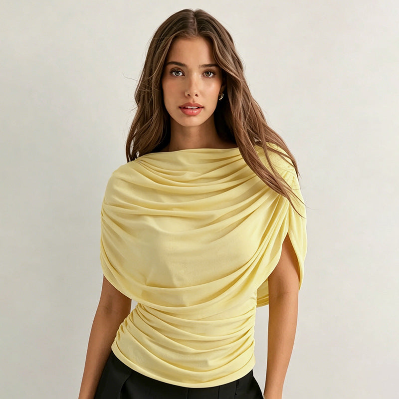 Women's draped cowl neck top in yellow, front view