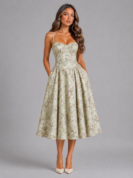 Women's floral corset midi dress in green, front view