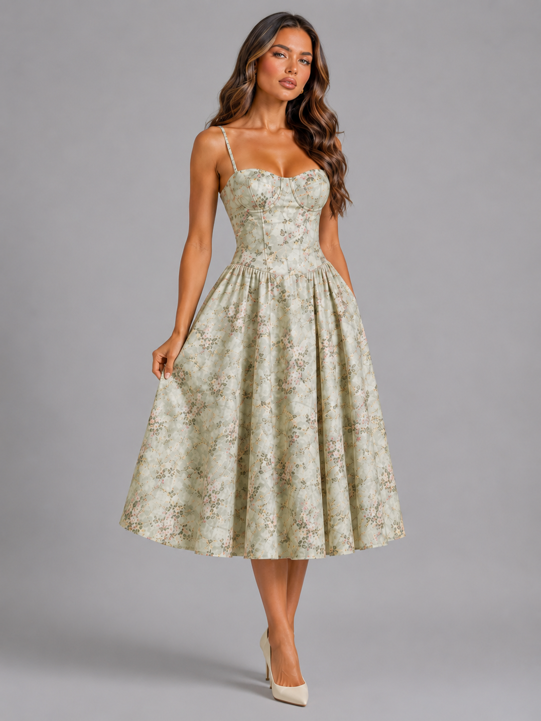 Women's floral corset midi dress in green, back view