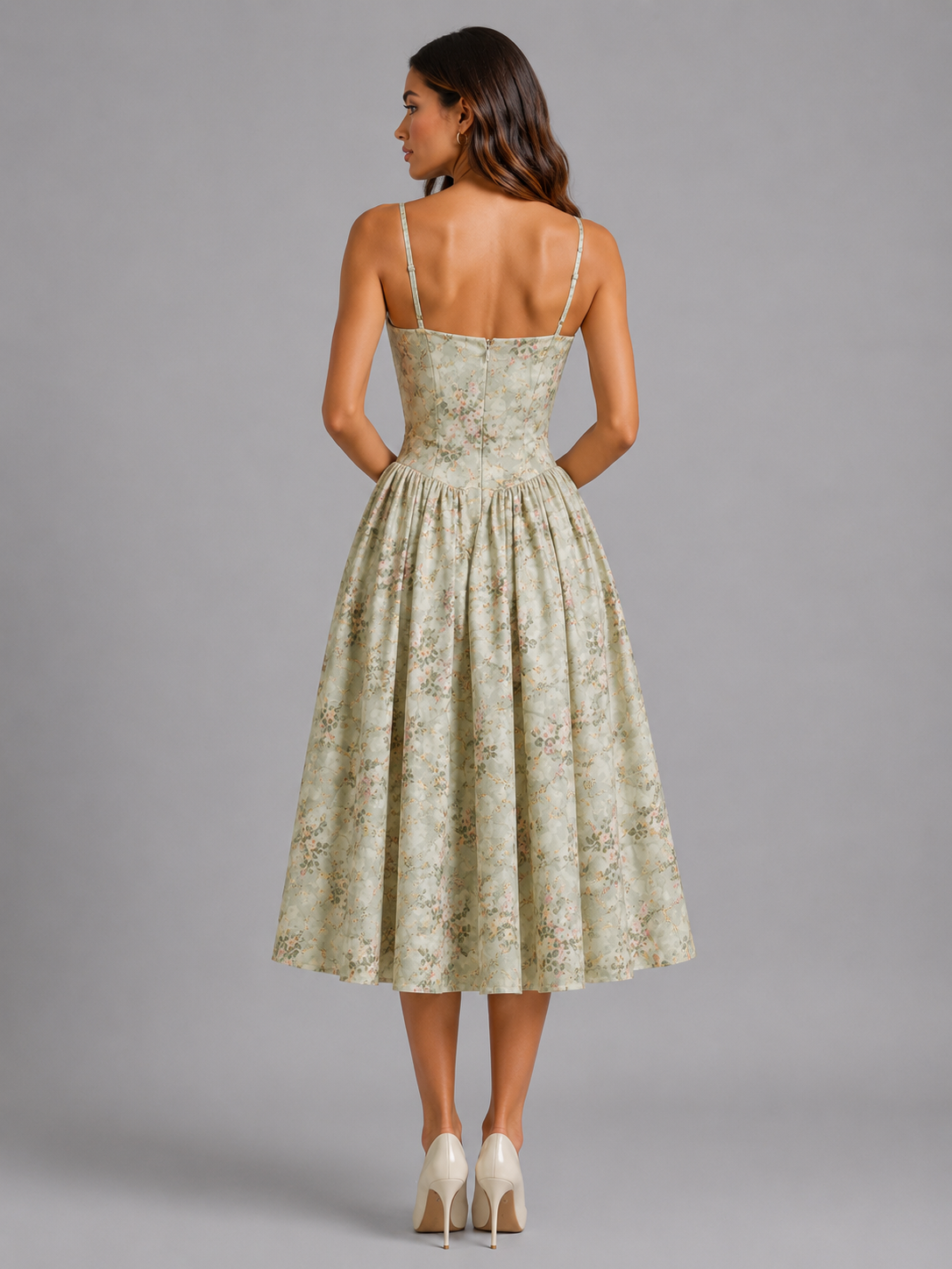 Women's floral corset midi dress in green, bodice detail