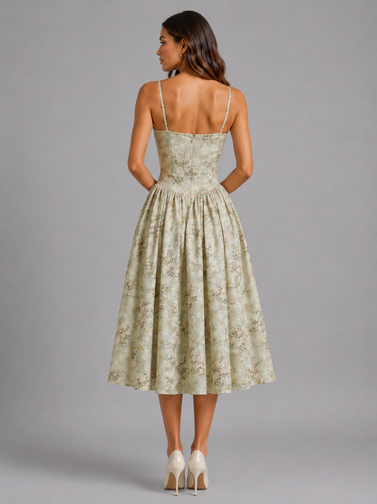 Women's floral corset midi dress in green, bodice detail