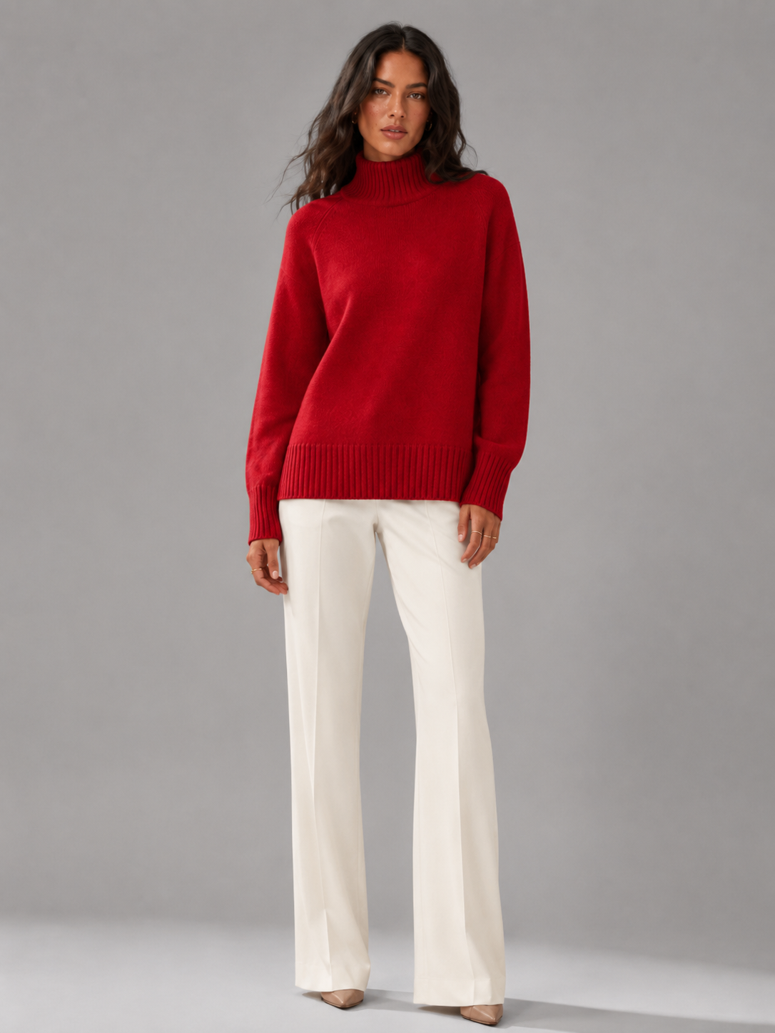 Women's oversized turtleneck jumper in red, front view
